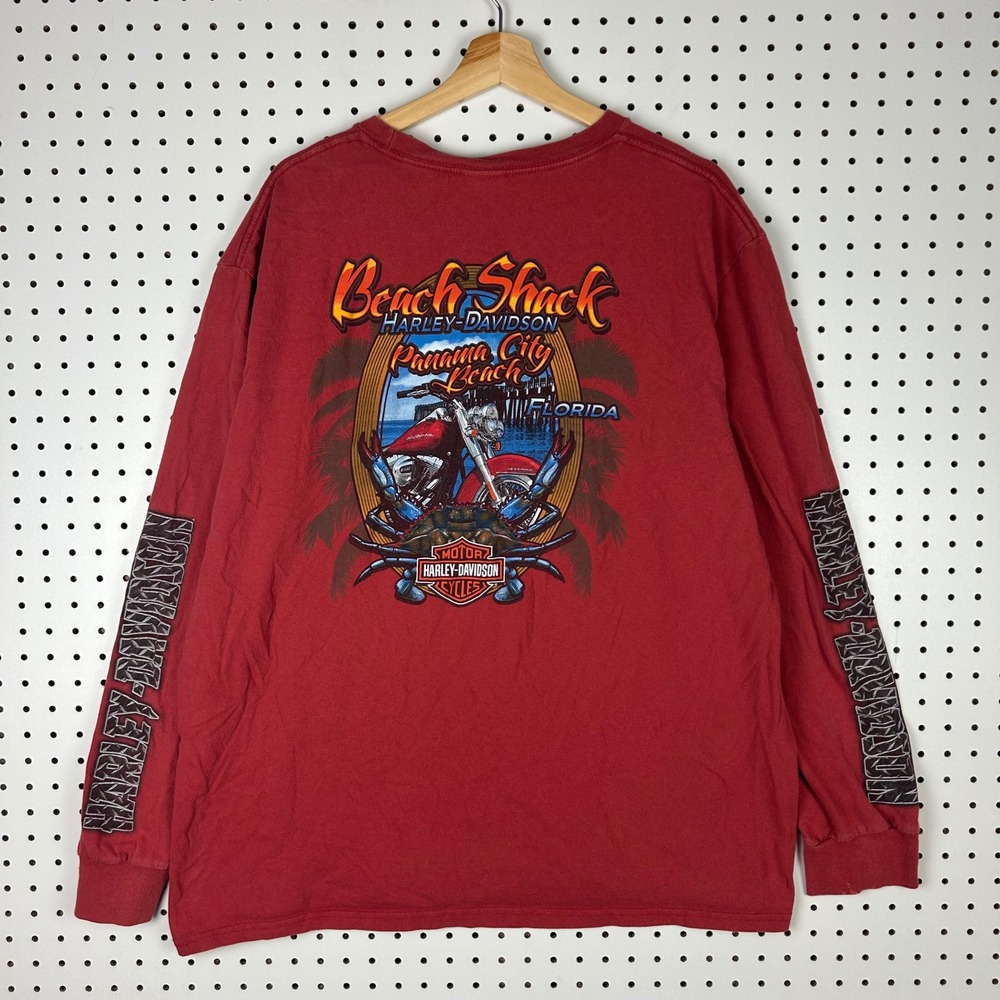 Harley Davidson Panama City Beach Florida Skull Long Sleeve Shirt XXL Red Goth